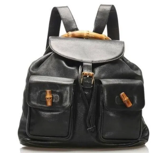 Gucci Black and Brown Backpack with Bamboo Accent GUCCI BLACK PATENT & LEATHER BACKPACK WITH BAMBOO & SILVER  main image 2